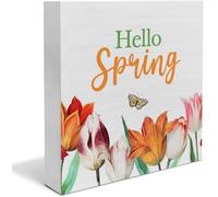 Wooden Box Sign - Country Farmhouse Spring Flowers & Butterfly "Hello Spring" Quote Block Home Shelf Decor 5x5Inch