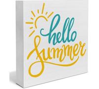 Wooden Box Sign - Country "Hello Summer Sun" Sign Summer Quote Wood Block Rustic Home Office Shelf Wall Decor Gift for All 5x5Inch