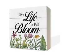 Wooden Box Sign Desk Decor,Tabletop Shelf Decoration,Farmhouse Home Decor,Live Life in Full Bloom 5x5 Inch