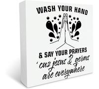 Wooden Box sign Inspirational Christian Bathroom Decor Rustic White "Wash Your Hand" Sign Office Restroom Desktop Shelf Decor 5x5inch