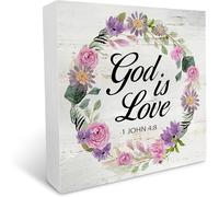 Wooden Box sign Inspirational Christian Decor Bible Verse "God is Love" Rustic Sign Home Office Desk Shelf Decor 5x5inch