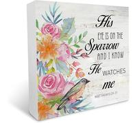 Wooden Box sign Inspirational Christian Decor Bible Verse "His Eye is on the Sparrow" Rustic Sign Home Office Desk Shelf Decor 5x5inch