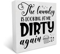 Wooden Box sign Inspirational Country Laundry Decor "Laundry is Looking at Me Dirty" Rustic Block Sign Home Shelf Wall Decoration 5x5inch