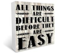 Wooden Box Sign Inspirational Desk Decor,All Things Are Difficult before They Are Easy Wood Block Sign Vintage Signs Decor for Home Wall/Tabletop/Shelf/Office Decoration Art 7x7 Inch