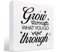 Wooden Box sign Inspirational Growth Decor "Grow Through What You Go Through" Saying Block Sign Home Office Shelf Table Decor 5x5inch