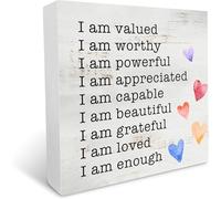 Wooden Box Sign - Inspirational "I am Valued I am Worthy" Rustic Quote Home Decor for Wall Tabletop Desk Home Office 5x5inch