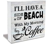 Wooden Box Sign - Rustic Beach Coffee Sign "I'Ll Have A Side Of Beach With My Morning Coffee" Country Beach House Desk & Shelf Decor 5x5Inch