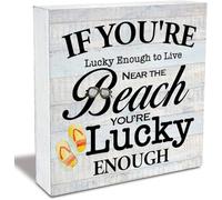 Wooden Box Sign - Rustic Beach Sign "If You'Re Lucky Enough To Live Near The Beach" Country Beach House Desk & Shelf Decor Beach Lover Gift 5x5Inch