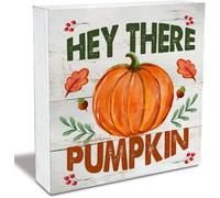 Wooden Box Sign - Rustic "Hey There Pumpkin" Country Sign Farmhouse Decor for Home Desk & Shelf 5x5Inch