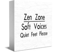 Wooden Box Sign - Zen Zone "Soft Voices Quiet Feet Please" Rustic Wood Block Desk Decor for Home Shelf Wall Grad Gift 5x5Inch