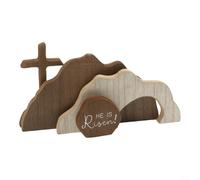 Wooden Boxwood Easter Decoration Set Depicting the Risen Christ and Empty Tomb for Home Tabletop Mantel or Courtyard Use