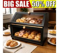 Wooden Bread Bin Double Layer - Large Bread Storage Box with Acrylic Front Door