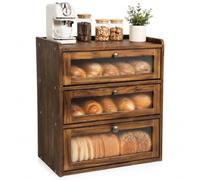 Wooden Bread Bin Three Layers, Large Capacity Corner Bread Box for Kitchen with Acrylic Window, Multi-Functional Storage, Country Style Kitchen Accessories