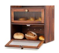 Wooden Bread Bin with 2 Levels for Kitchen Countertop, Large Bread Box Bread Storage Container with Wood Handle Clear Windows Keep Fresh Bread, Breadbox Storage for Bread, Coffee, Spices (2)