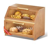 Wooden Bread Bin with Ventilation for Kitchen Counter, Large Bread Storage Container for Homemade Bread, Country House Style Bread Bin Organiser for Kitchen Counter Corner, Cupboard (Walnut)