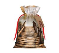 Wooden Bridge Lake Scene Printed Christmas Drawstring Bags Reusable Xmas Bag for Party Xmas Gift Wrapping, Red Ribbon, M