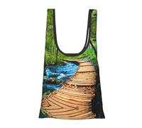 Wooden Bridge Stream Water Print Reusable, Foldable,Washable Grocery Bags Foldable in A Pouch Eco Tote Shopping Bag,Daily Shopping Loading