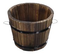 Wooden Bucket Planter with Flat Mouth and Metal Bands, Rustic Decor | Carbonized Wood Finish, Breathable Bottom Holes, for Cacti and Succulents, Office Windowsill or Wedding Displays