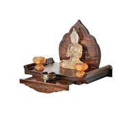 Wooden Buddha Altar Stand, Wall Mounted Teak Buddha Altar Shelf with Drawer and Lotus Back Panel 39x24.5cm(with Backrest)