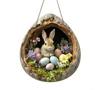 Wooden Bunny Easter Wreath for Spring Holiday Decor on Front Door Interior Wall and Window Sill Locations (GJ831-004)