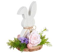 Wooden Bunny Figurine - Farmhouse Easter Rabbit Decor Statue, Cute Happy Table Centerpiece Wood, White Bunny Eggs Flowers Design | Rustic Mantle Counter Shelf Ornament For Spring Home Kitchen Living