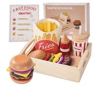 Wooden Burger, Fries and Drink Set, Fast Food Playset for Kids Kitchen
