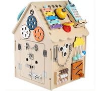 Wooden Busy Board Toy for Toddlers with Interior Storage, Music Box, Switch, Sorter, Gears, and Clock - Life Skills and Fine Motor Skill Learning