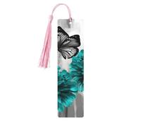 Wooden Butterfly Bookmarks with Grey Flowers, 5 Pack Handmade Double Sided Printed Pink Tassel Page Markers Book Accessories Gift for Lover