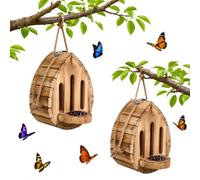 Wooden Butterfly House for Outside Garden, Teardrop Shaped Butterfly Habitat with Feeder, Hanging Natural Nesting Box for Butterflies, Moths, Lacewings, Bug Shelter for Backyard Patio Decor