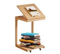 Wooden C Shaped End Table, Side Table with 2 Lockable 360° Rotating Wheels, 3rd Gear Adjustable Tiltable Desktop Adjustable Rolling Table for Couch, Living Room,bedroom log color 39 * 40 * 63cm