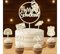Wooden Cake Decoration for First Day of School, Pack of 7 Hurray, School Child Cake Decoration, Cake Topper, First Day of School, Party Decoration for Girls and Boys