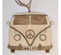 Wooden Camper Van Ornament with Peace Sign, Rustic Hanging Decoration Travel Caravan Van Life Gift, Honeymoon