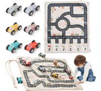 Wooden Car Canvas Toy Set for Kids - Foldable Road Map Play Mat with 6 Mini Cars, Travel Adventure Game for Toddlers Ages 3-6, Portable Traffic Playset for Indoor/Outdoor Fun