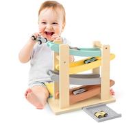 Wooden Car Ramp Toy for 1-2 Year Old Boys & Girls - Click Clack Track with 4 Mini Cars & Toy Garage