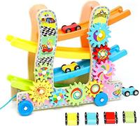 Wooden Car Ramp Toys Wooden Track Cars Toy with 4 mini Cars Wood Click Clack Race Track Gear Cogs Game for 1 2 3 Year Old Boys Girls Gifts