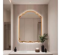 Wooden Carved LED Wall Mirror, 3 Colors Dimmable Antique Estate Table Mirror With Lights For Bathroom Entryway Living Room(Gold,60x80cm/23.6x31.5in)