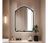 Wooden Carved LED Wall Mirror, 3 Colors Dimmable Antique Estate Table Mirror With Lights For Bathroom Entryway Living Room(Black,70x90cm/27.5x35.4in)