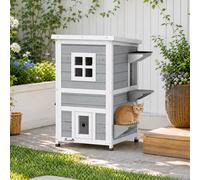 Wooden Cat House 2-Floor Outdoor Kitten Shelter with 3 Doors and Window
