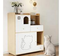 Wooden Cat Litter Box Cabinet with Storage Drawer, Hidden Litter Box Furniture Side Table with Silent Wheels, Anti-Sand Ingress Design, Ventilation & Top Shelf, Pet House, White(A-2)