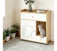 Wooden Cat Litter Box Cabinet with Top Storage & Drawer, Indoor Pet House End Table with Ventilation, Silent Wheels & Anti-Sand Design, Semi-enclosed design, White(A-2)
