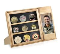 Wooden Challenge Coin Display Frame Adjustable Compartments for Different Size Coins Medals,Medal Display Case with 4x6 inch Photo Frame for Runners,Military,Sports
