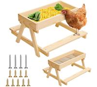 Wooden Chicken Feeder with Stand, Elevated No-Waste Poultry Feeding Trough, Natural Wood with Mesh Base for Backyard Chickens, Hens, Ducks