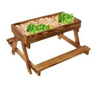 Wooden Chicken Picnic Feeder Large Capacity Poultry Table Food Feeder With Two Side Bench for Outdoor Garden Courtyard(Dark brown)