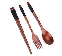 Wooden Chopsticks Spoon Fork Tableware Dinnerware 3pcs Set (with Thread) (Black)