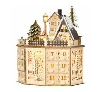 Wooden Christmas Advent Calendar, LED 24 Day Wooden Advent Calendar with Christmas Lighted Cabin Fence, Tree Carve Wood Deer