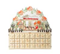Wooden Christmas Advent Calendar with 24 Storage Drawers, Wooden 24 Day Countdown to Christmas Calendar Decoration with Lighted Reindeer Cabin and Tree Home