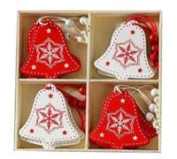 Wooden Christmas Ornament, Classic Red White Tree Hanging Pendant Decorations Set of 12 Natural Wood Carved Design(Bells)