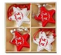 Wooden Christmas Ornament, Classic Red White Tree Hanging Pendant Decorations Set of 12 Natural Wood Carved Design(stars)