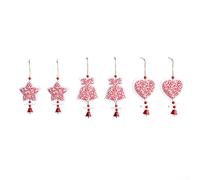 Wooden Christmas Ornament Collection of 6 Pieces with Heart Bell and Star Designs for Holiday Home and Tree Decoration