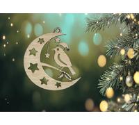 Wooden Christmas Ornaments, Natural Wood, Laser Cut, Holiday Tree Decorations, Animals Sitting on a half moon, Set of 8 Designs to choose from (Robin)